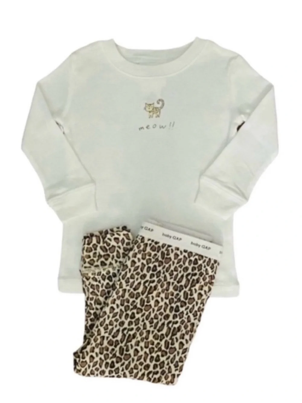 Gap Cat 'Meow' Long Sleeve Pajama Set with Leopard Print Pants